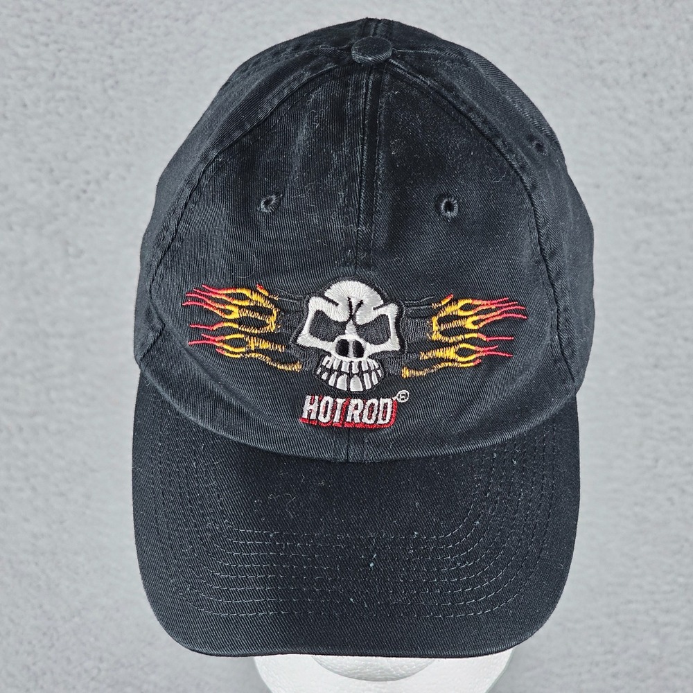 VTG Hot Rod Magazine Skull Hat Cap Strap Back Black Embroidered Racing Mens‎ Car